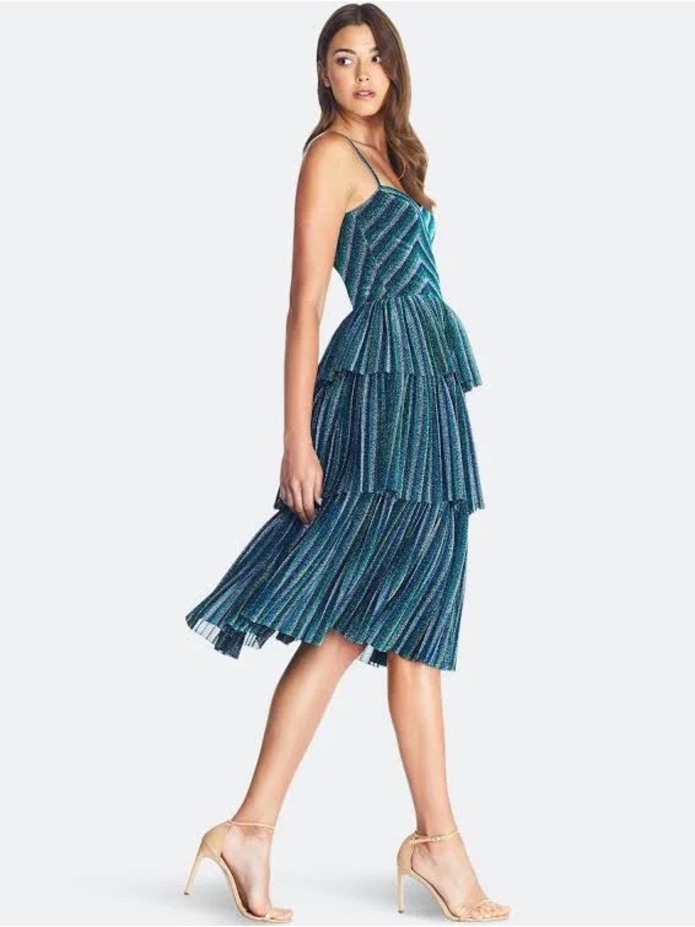 Dress the Population | Kathy Metallic Blue Pleated Tiered Midi Dress | Size S